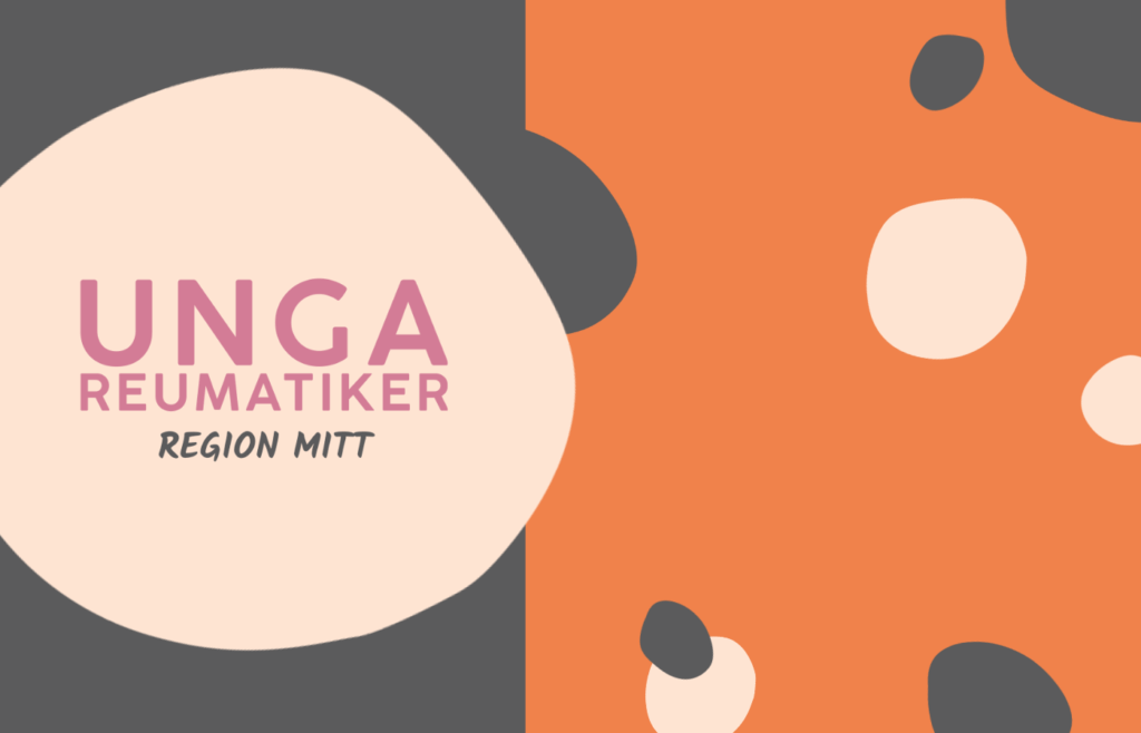 Logotyp för Unga Reumatiker Region Mitt, mot en grå och orange bakgrund